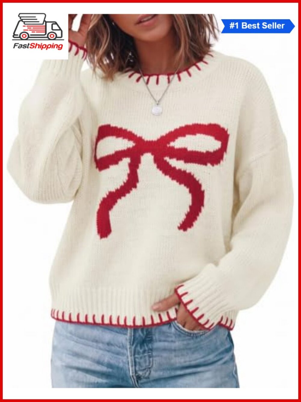 🎅 Cropped Bow Sweater Long Sleeve Oversized Knit Pullover Top